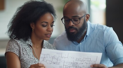 Poster - Couple reviewing architectural plans in a bright, modern workspace during an afternoon meeting