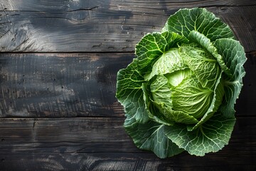 Wall Mural - Fresh Green Cabbage on Rustic Wooden Table