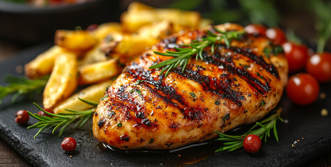 Wall Mural - A grilled chicken breast with herbs and tomatoes on a black plate