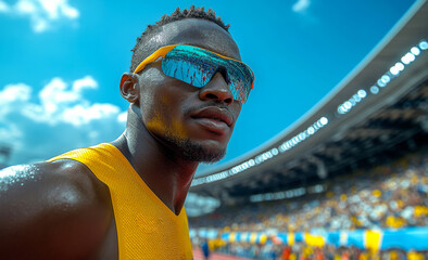 Wall Mural - A man in a yellow shirt is standing in a stadium with a crowd of people watching him. He is wearing sunglasses and he is sweating