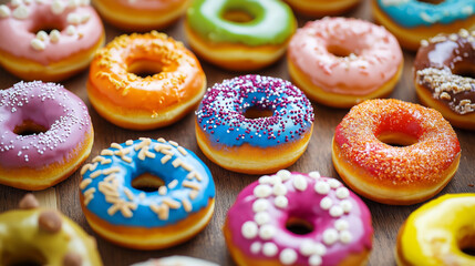 Wall Mural - Sweet donuts of different bright colors lie in a box