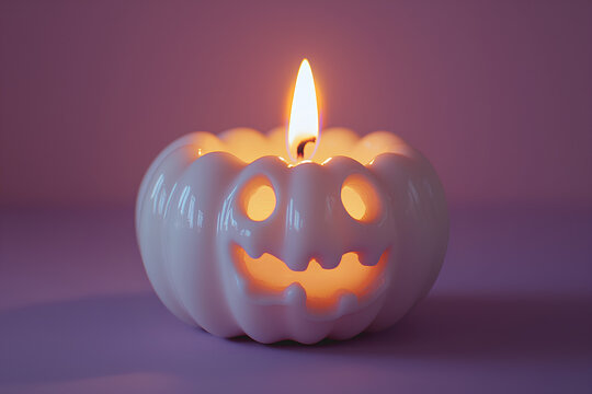 Halloween pumpkin candle on purple background, 3d render illustration.