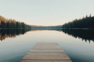 Wall Mural - Serene morning at a tranquil lake with a wooden dock surrounded by tall evergreen trees