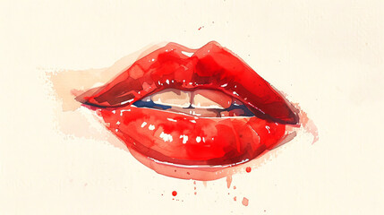 Watercolor illustration of a close-up of Caucasian glossy woman's lips with vibrant red lipstick in soft tones. Concept of beauty, femininity, cosmetics, self-care, sensuality, artistic expression