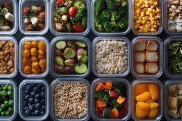 Colorful assortment of healthy meal prep ingredients in clear containers on a kitchen countertop