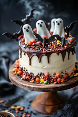 Wall Mural - Halloween layer cake with chocolate ganache drip decorated with sugar sprinkles, ghost figures and bats standing on wooden cake stand