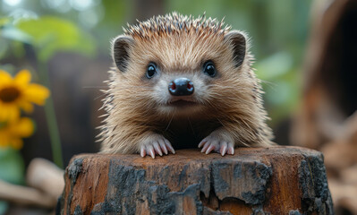 Wall Mural - A baby hedgehog is standing on a log. The hedgehog is looking at the camera with a curious expression