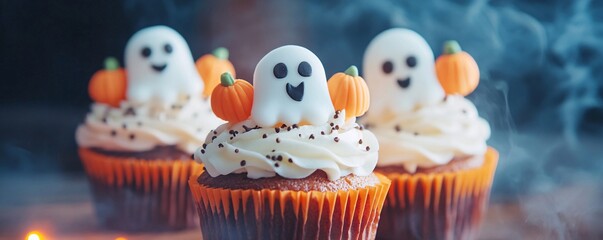 Wall Mural - Spooky halloween cupcakes adorned with white chocolate ghosts and pumpkins on a dark backdrop with mist