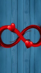 Wall Mural - Two red hearts on a blue wooden background