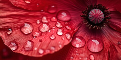 Wall Mural - A close-up photo showcasing a stylized poppy flower in a vivid red hue, adorned with delicate water droplets.