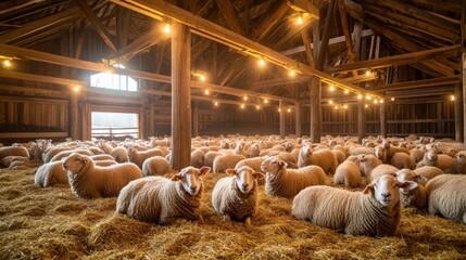 Canvas Print - A serene barn filled with soft sheep resting on fresh straw. Warm lights create a cozy atmosphere, highlighting rural charm and agricultural beauty. Perfect for farm-themed designs. AI