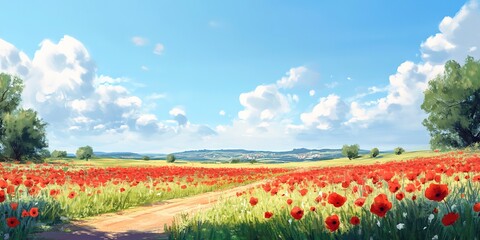 Wall Mural - Beautiful landscape of a red poppy field