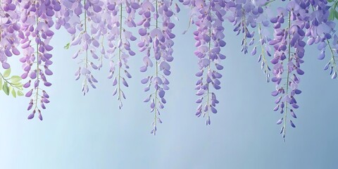 Wall Mural - branches of hanging purple wisteria flowers on light blue background 