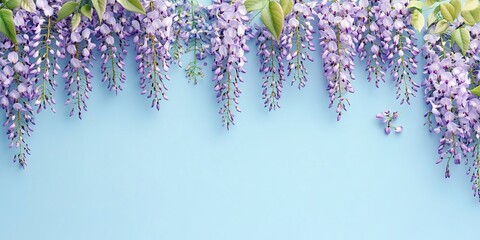 Wall Mural - branches of hanging purple wisteria flowers on light blue background 