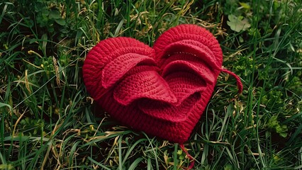 Wall Mural - Handmade red yarn heart on green grass background is royal pink