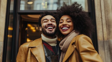 Wall Mural - Joyful couple smiling together in warm winter coats outside a cozy café during a sunny afternoon in the city