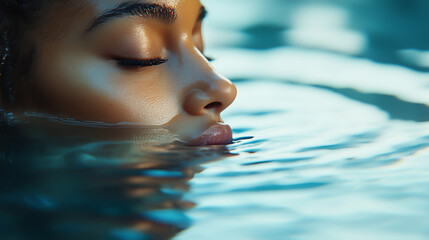 Serene Woman Partially Submerged in Water with Eyes Closed.Сalm water. Wellness, spa, and mindfulness, self-care,  meditation, and serene lifestyle concepts  