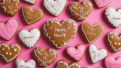 Pink background with sweet gingerbread heart cookies