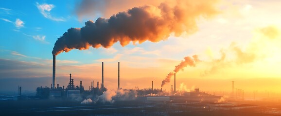 Industrial plant with smoke stacks emitting pollutants into the atmosphere at sunset.