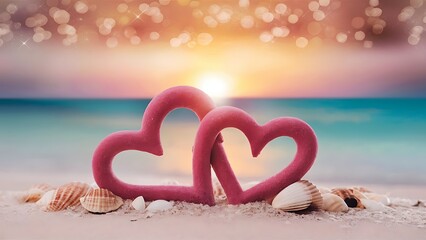 Wall Mural - Two pink heart on sunset beach with bokeh light background