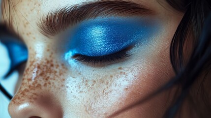 Close-up view of a model showcasing vibrant blue eyeshadow accentuating natural freckles during a beauty shoot