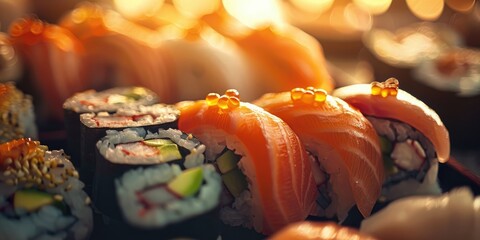 Canvas Print - Close up of a vibrant sushi platter at a Japanese eatery