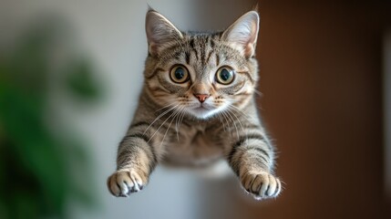 Curious Tabby Cat Suspended in Mid-Air with Wide Eyes and Paws Extended