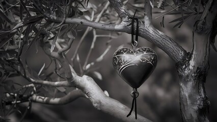 Black and white heart shaped bell hanging on the tree