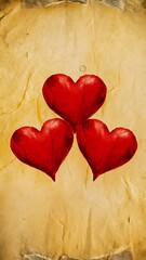 Wall Mural - Three red hearts on the old paper closeup