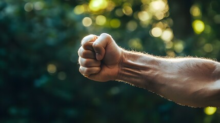 A side view of an arm with a clenched fist, the bicep bulging as the muscle is engaged.