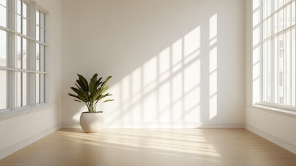 Wall Mural - Sunlight Streaming Through Windows in a Minimalist Room with a Plant