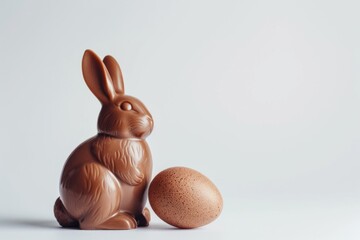 A charming chocolate bunny rests beside a decorated egg. This delightful symbol of Easter features smooth textures and warm tones. Perfect for festive promotions or sweet treats. Generative AI