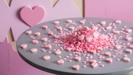 Wall Mural - Pink heart shaped sprinkles on gray table flat lay