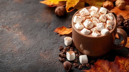 Wall Mural - concept banner of fall comfort food hot chocolate with marshmallows in a cozy mug amidst colorful fall leaves, with space for text