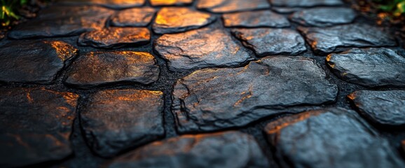 A close-up of a stone path illuminated by warm light.