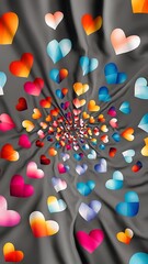 Wall Mural - Colorful hearts on gray fabric background copy space