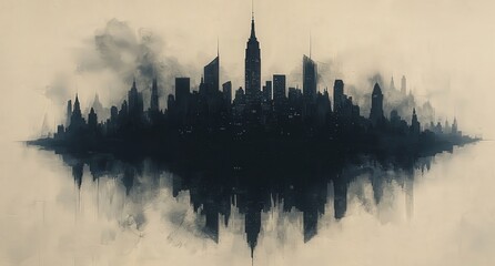 Wall Mural - A black and white painting of an abstract city skyline on aged paper