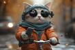 © Estebian Darger - Chat cool en manteau orange sur un vélo avec smartphone en main