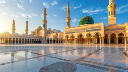 Beautiful mosque courtyard with reflection of minarets at sunrise