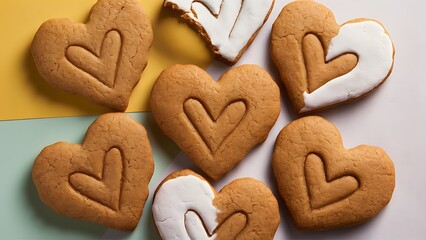 Heart shaped ginger cookies on two tone colored background top view