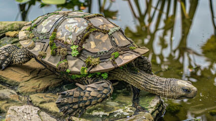 Wall Mural - Wooden turtle sculpture resting on moss-covered rock by the pond