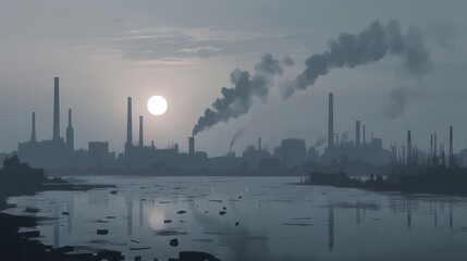 Poster - A thick layer of smog obscures a city skyline as factories emit smoke and a river collects floating plastic debris at dusk. Generative AI