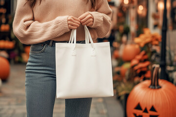 Woman holds the blank white paper eco bag in her hand and stay on the street decorated with pumpkins in the autumn period before Halloween. Mockup for design and text. 