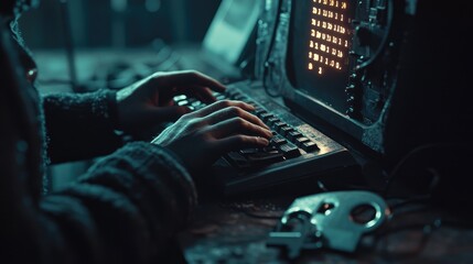 Wall Mural - Close-up of Hands Typing on a Keyboard in a Dark Room