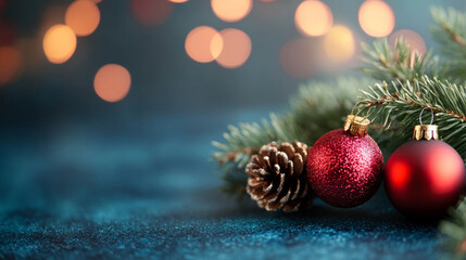 Wall Mural - Bright red Christmas ornaments and a pinecone resting on a blue surface with a warm bokeh background during the holiday season