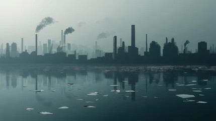 Poster - A dense layer of smog envelops a cityscape, with factory silhouettes and polluted waters strewn with plastic waste. Generative AI
