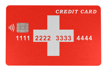 Plastic credit card in the shape of the Swiss flag (close-up on transparent background). Online credit card payment for purchases in online stores. Banking, e-commerce and business concept