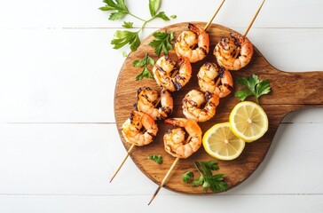 Canvas Print - Grilled Shrimp Skewers on Wooden Board