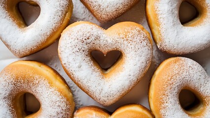 Homemade heart sheped donuts with powdered sugar on white background tasty doughnuts