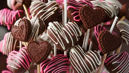 Chocolate cake pops in heart shapes chocolate covered heart shaped cookies on a stick closeup